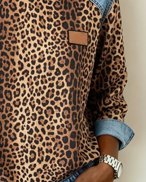 Sweatshirt Leopardtryk Denim Patchwork