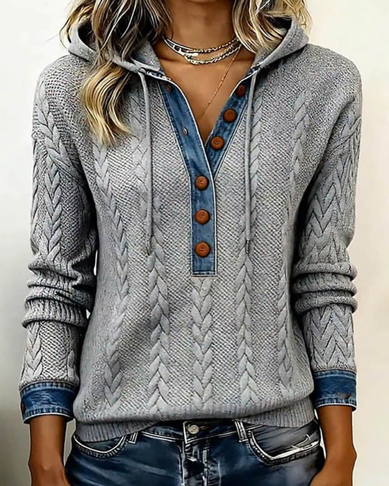 Farveblokeret Langærmet Hættetrøje Med Knapper