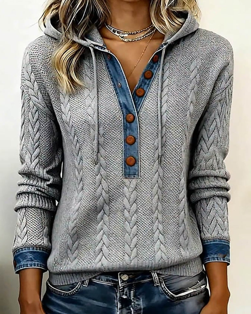 Farveblokeret Langærmet Hættetrøje Med Knapper