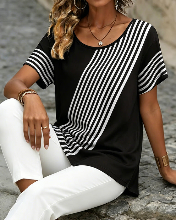 T-Shirt Diagonal Stribe Patchwork Rundhalset