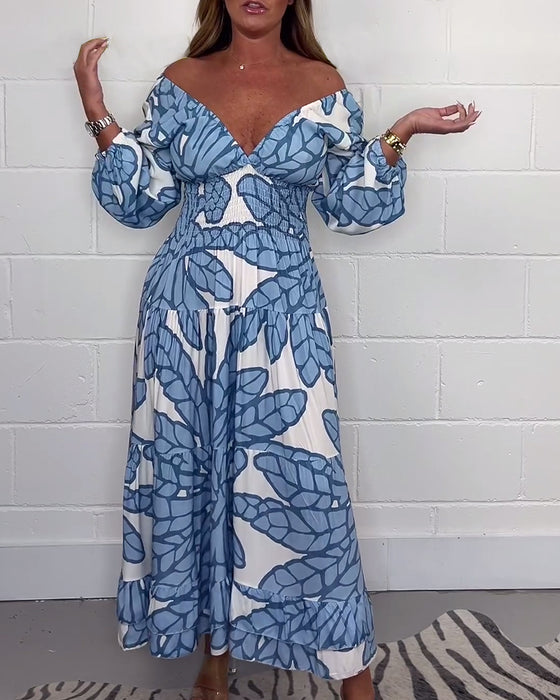 Lang kjole med V-hals print til kvinder