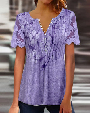 Bluse Med Blondedetalje Rund Hals Trykt