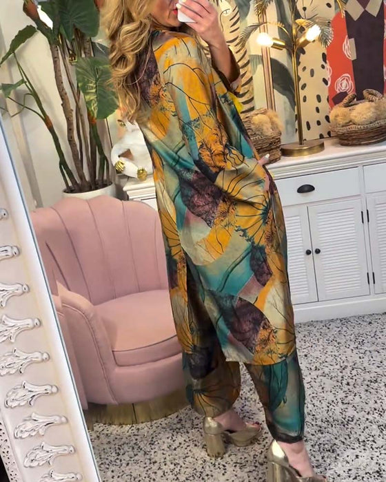 Afslappet to-delt sæt i Boho stil | Bluse og bukser med solsikker