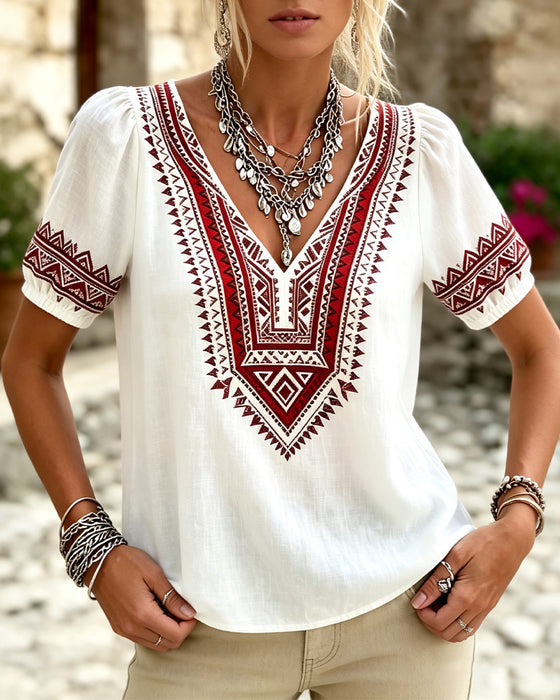 Bluse V-Hals Bohemian Bobble Ærme