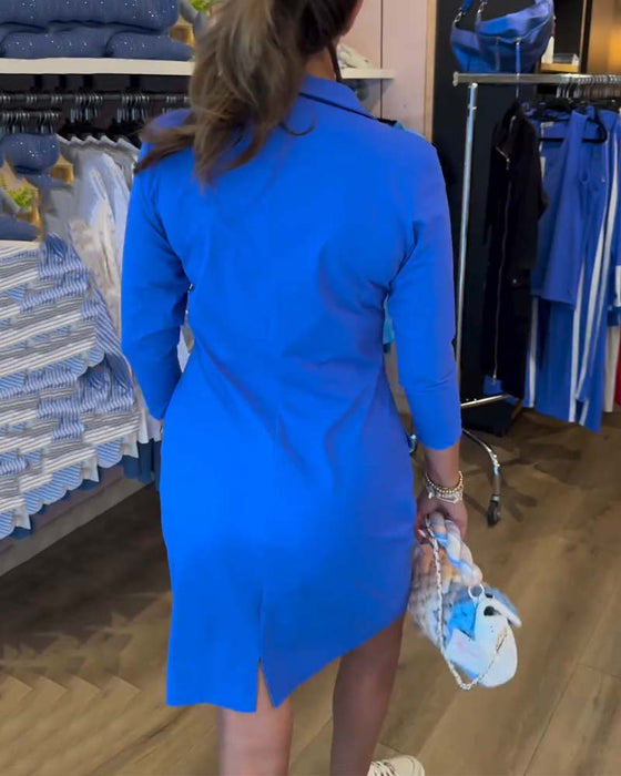 Kjole Revers Ensfarvet Lynlås Lang Ærme