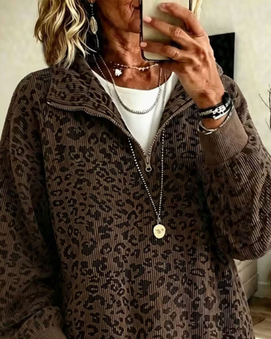 Sweatshirt Halv Lynlås Leopard Pullover