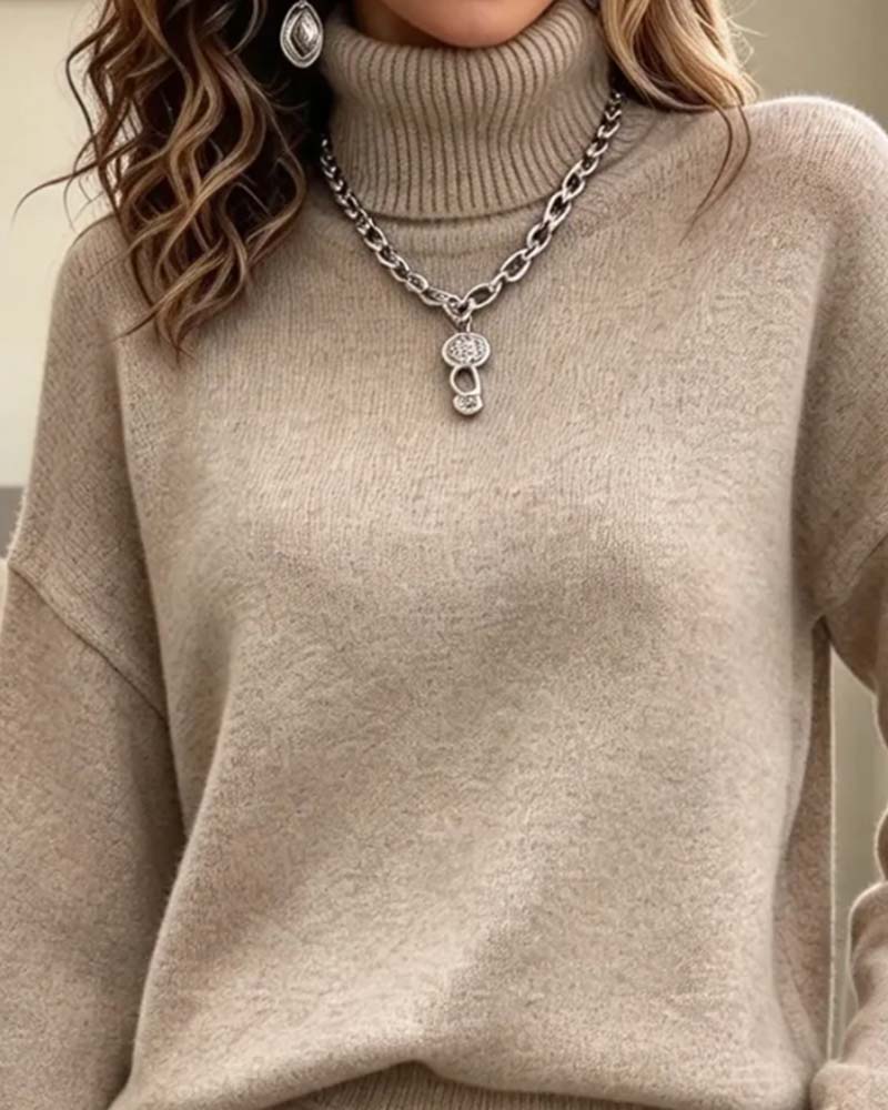 Sæt Høj Krave Pullover Lang Ærme Plisseret Nederdel