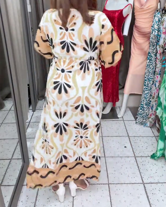 Kjole Farveblok Blomstret Kort Ærme Maxi