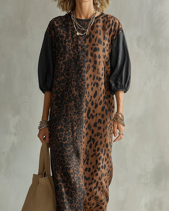 Kjole Leopard Print Farveblok Puf Ærme