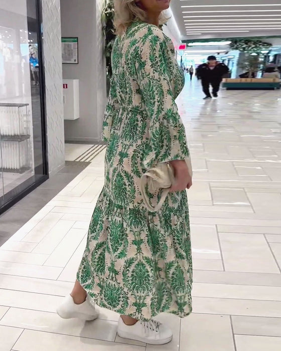 Mønstret kjole med klokkeærmer og snøre