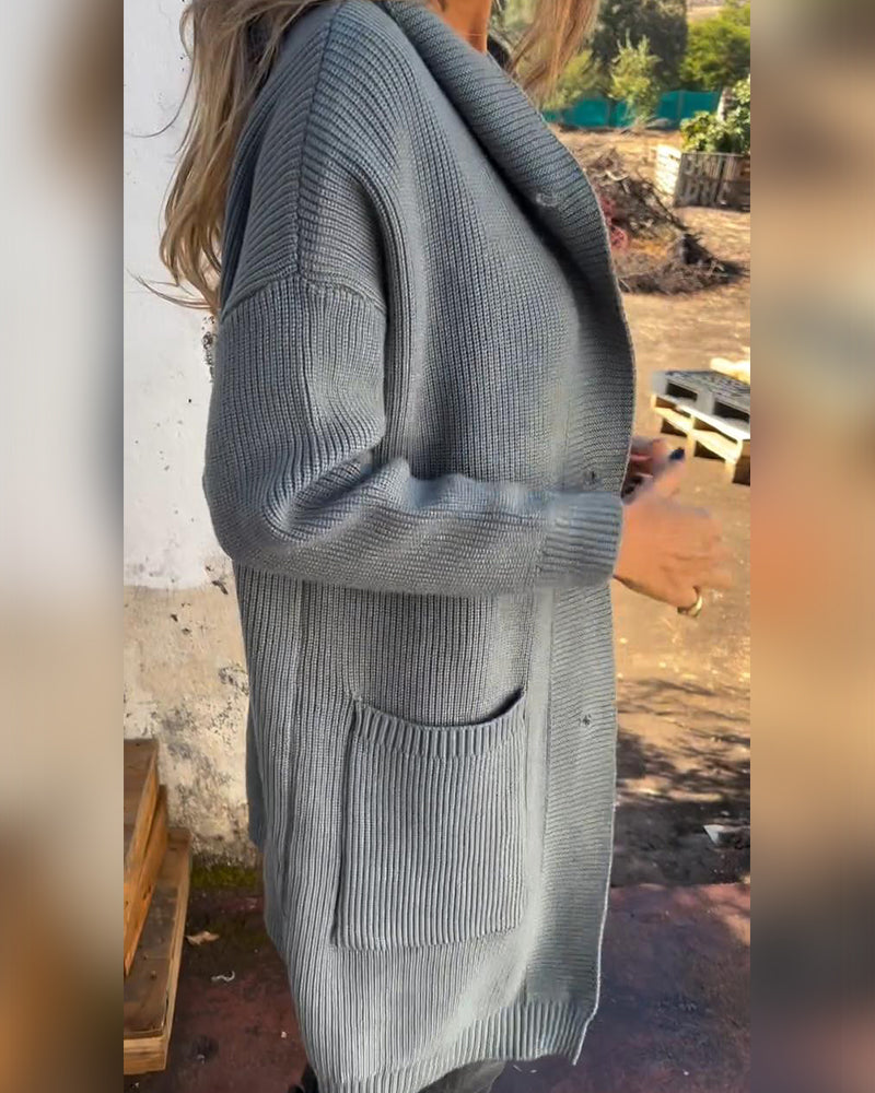 Casual ensfarvet cardigan med hætte og lommer