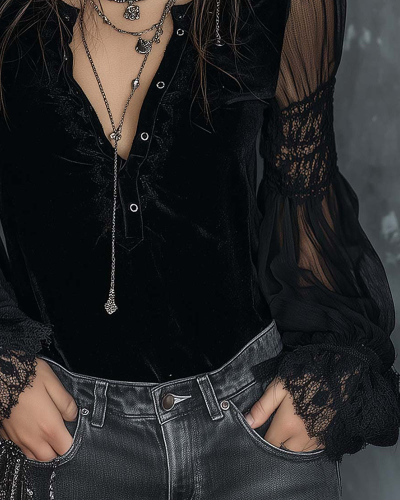 Bluse Knap-Ned V-Udskæring Puf ærme