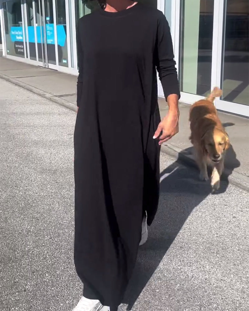 Kjole Løstsiddende Lang Ærme Rund Hals