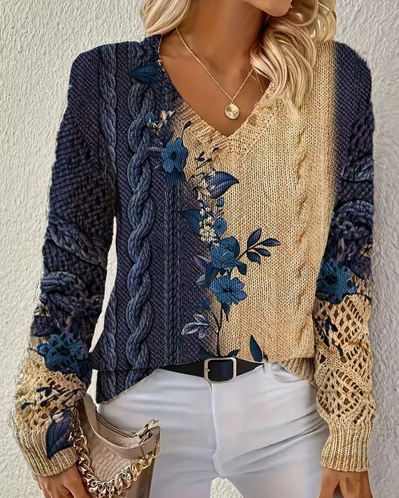 Pullover Gradient Farveblok Blomstret V-Hals Udskæring