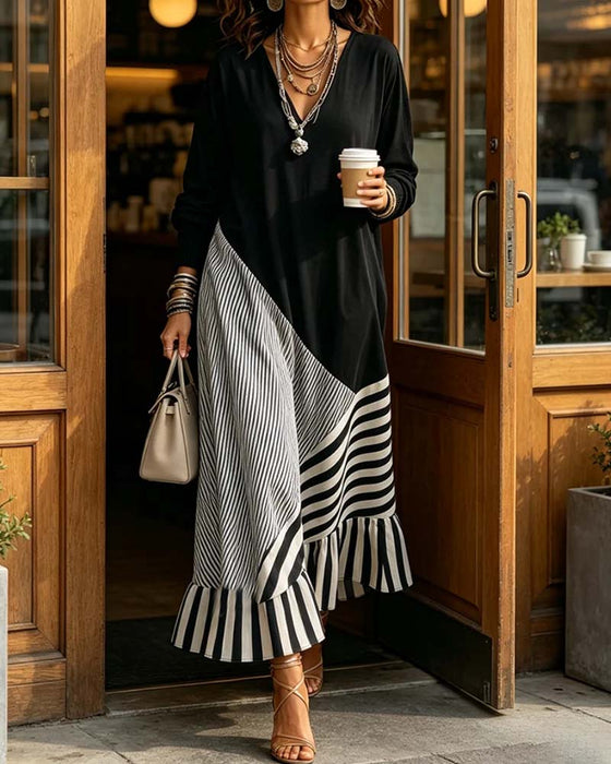Kjole V-Hals Stribe Patchwork Ruffle