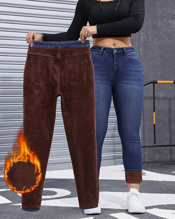 Jeans Dame Fleeceforet Ensfarvet Lomme