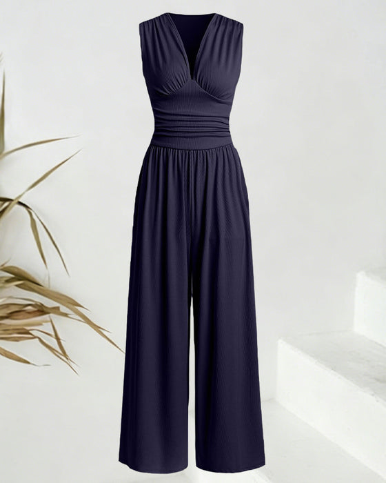 Jumpsuit Ensfarvet Ribbet Ærmeløs