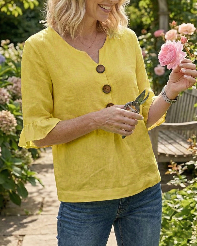 Bluser Ensfarvet Bomuld-Hør Træknapper Rynker