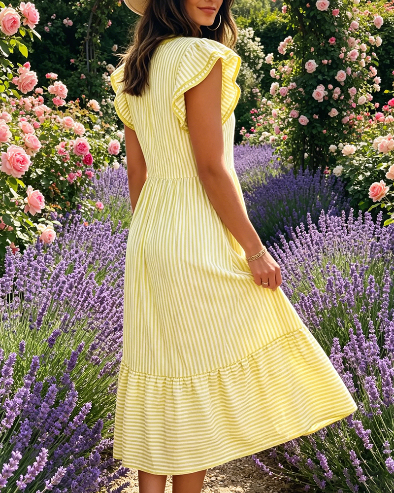 Kjole Stribet Dobbelt Rynke Kortærmet