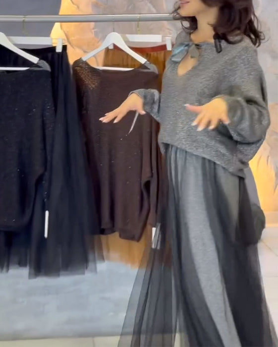 Pullover Og Nederdel Med Flagermusærmer Og Glitre