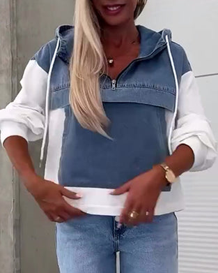Patchwork denim hættetrøje med lynlås