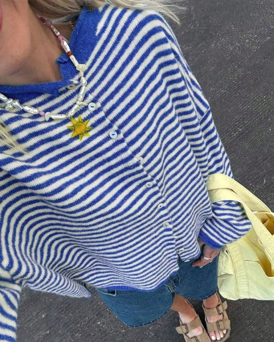 Pullover Rundhalset Knap Foran Stribet