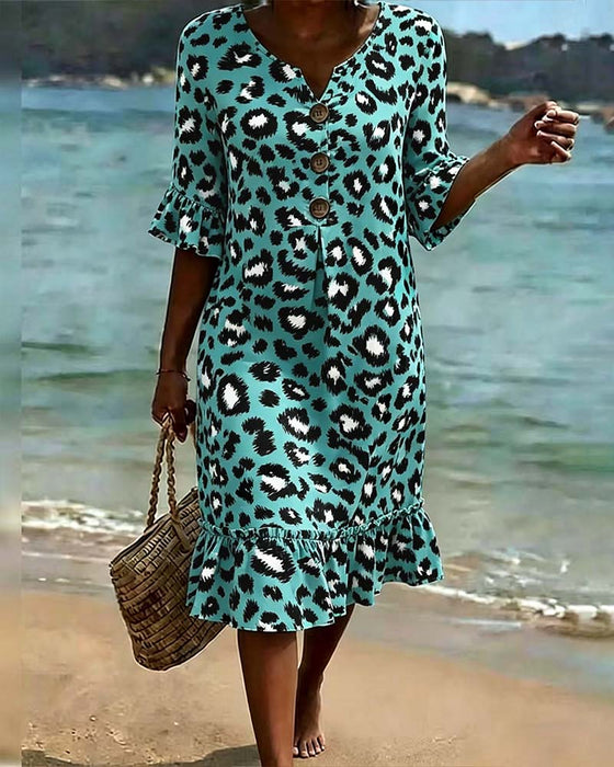 Kjole Leopardprint V-Udskæring Flæse