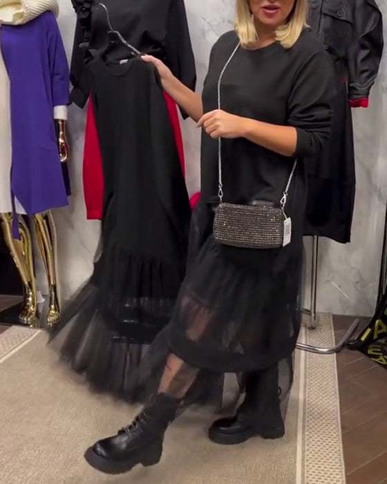 Løs Ensfarvet Kjole Med Meshpatchwork