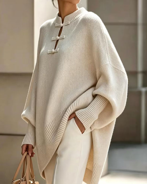 Pullover Mandarin Knude Knap Loose Fit Cape