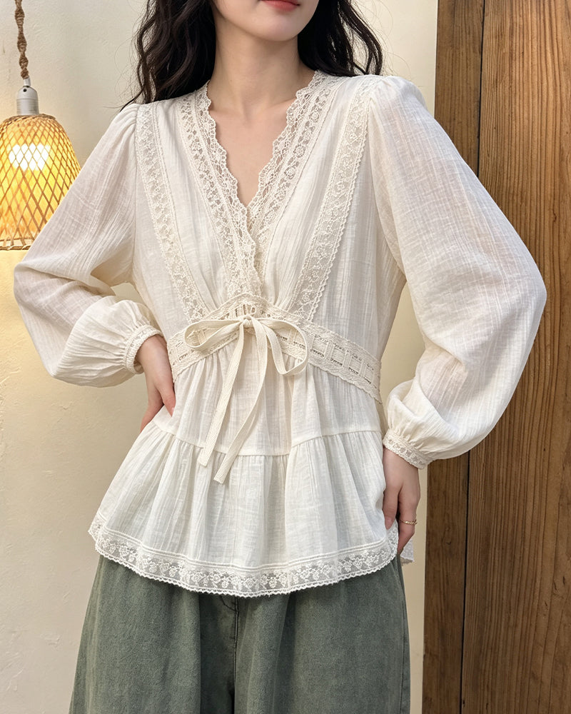 Bluse V-Hals Boble Ærme Blonder Patchwork Udstillet