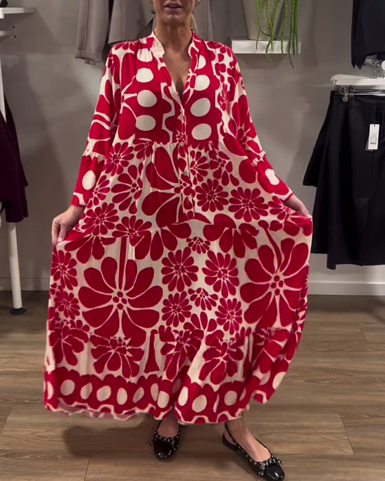 Kjole V-Hals Løs Plus Size Blomsterprint