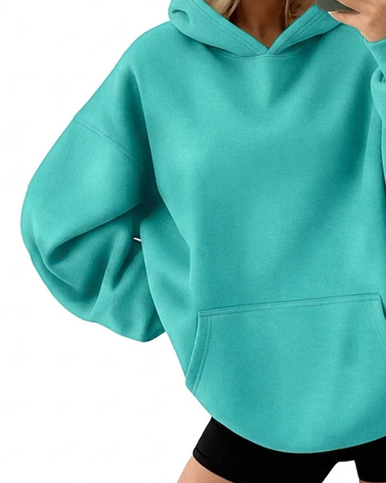 Hoodie Med Hætte Lomme Solid Løs