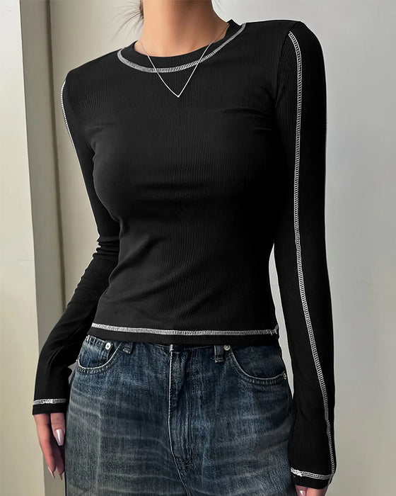 Top Stilfuld Rund Hals Slim Fit Lang Ærme