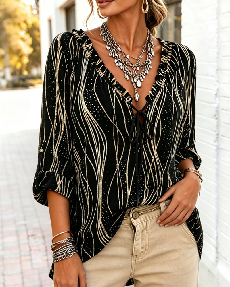 Bluse Bølge Ruffle Kant V-Hals Bind