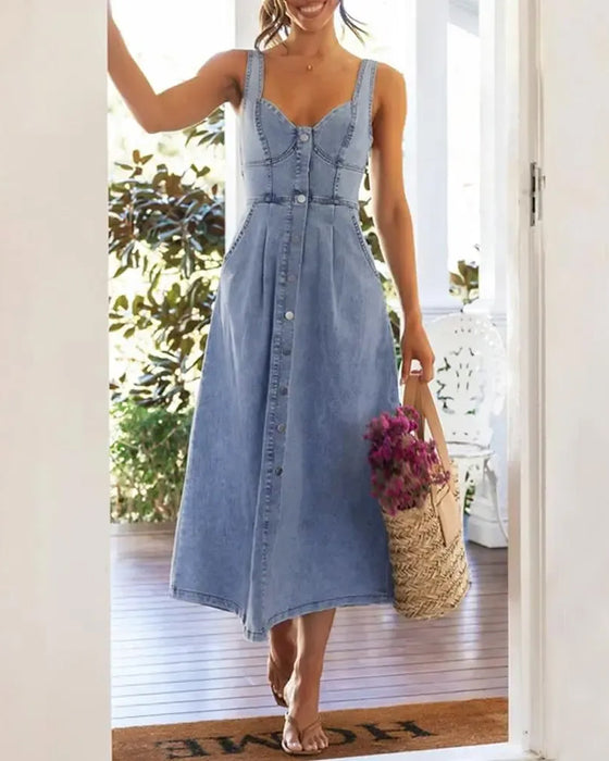 Kjole Spaghetti Strop Knap Talje Indsnøret Denim