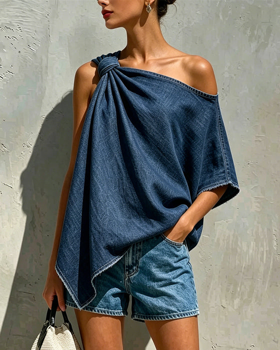 Bluse Denim Knude Én Skulder