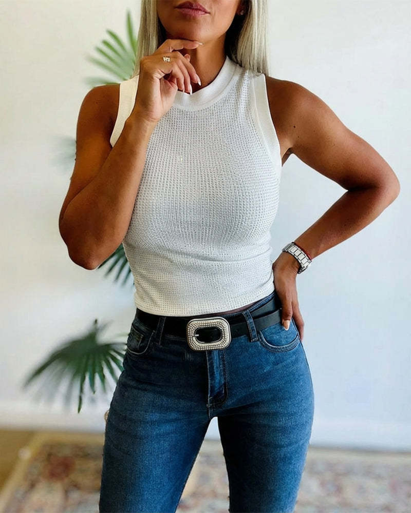 Tanktop Ensfarvet Ribstrikket Strass Tætsiddende