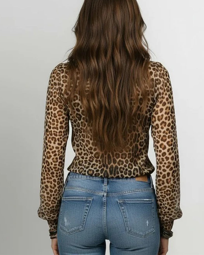 Bluse Med Rys V-Hals Leopardprint