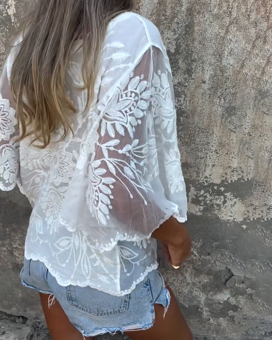 Bluse Sommerfuglsærme Rund Hals Broderet