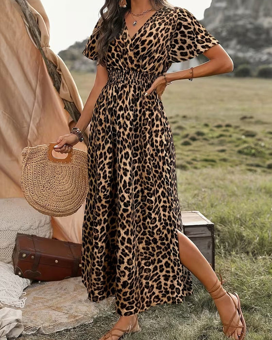 Kjole Leopard V-Hals Elastisk Talje A-Linje
