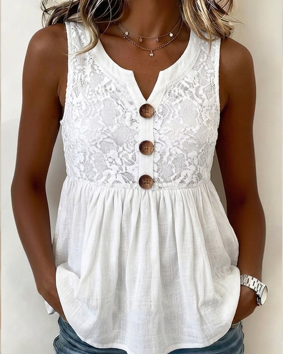 Top V‑Hals Knapper Blonde‑Panel Ensfarvet