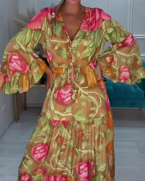 Kjole V-Hals Fuld Nederdel Blomstret