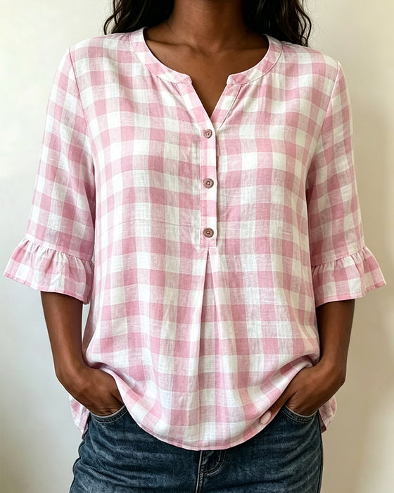 Bluse V-Hals Knap Foran Rutet Ruffle