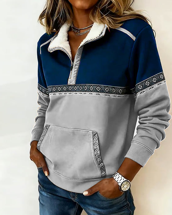 Retro Sweatshirt Med Farveblokning Og Pelskrave