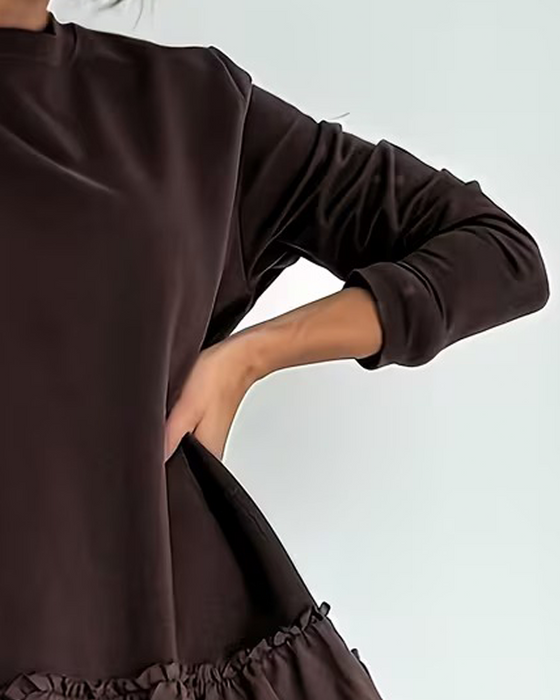 Langærmet Patchwork Kjole Med Rund Hals