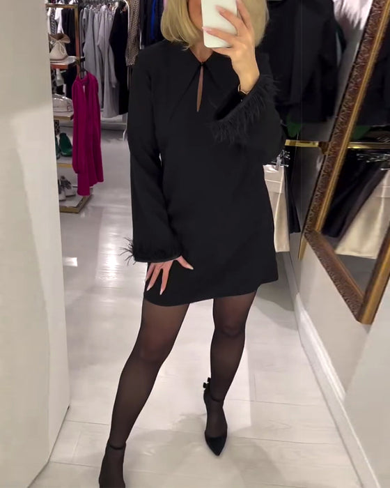 Ensfarvet Lige Skåret Langærmet Kjole