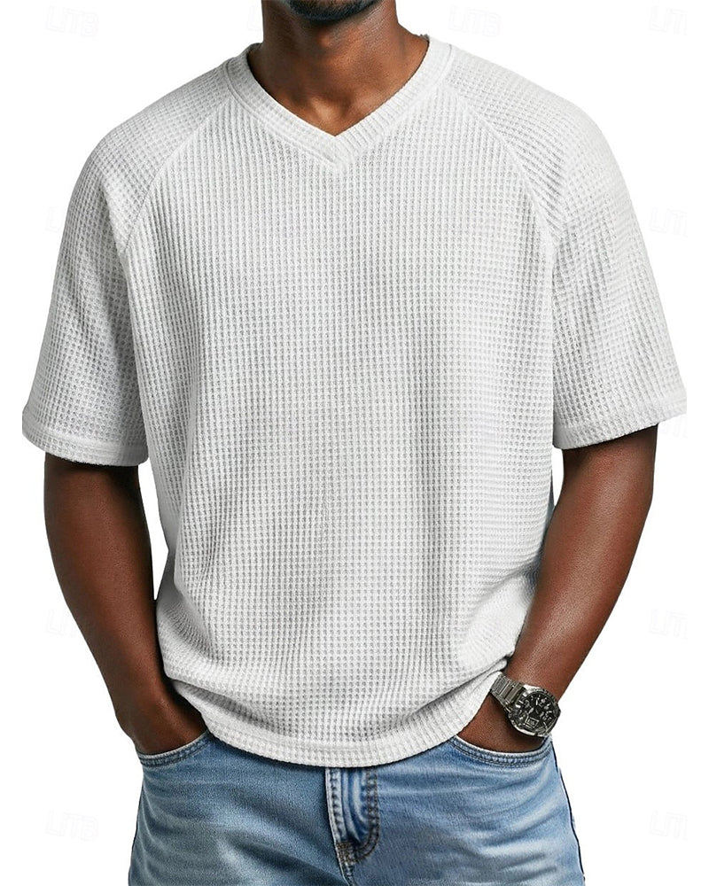 Herre V-Hals T-Shirt I Waffelstruktur, Afslappet Kortærmet Top I Ensfarvet