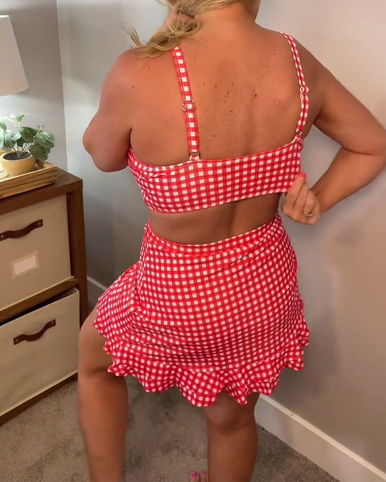 Badedragt med afslappet rem og ternet print i to dele