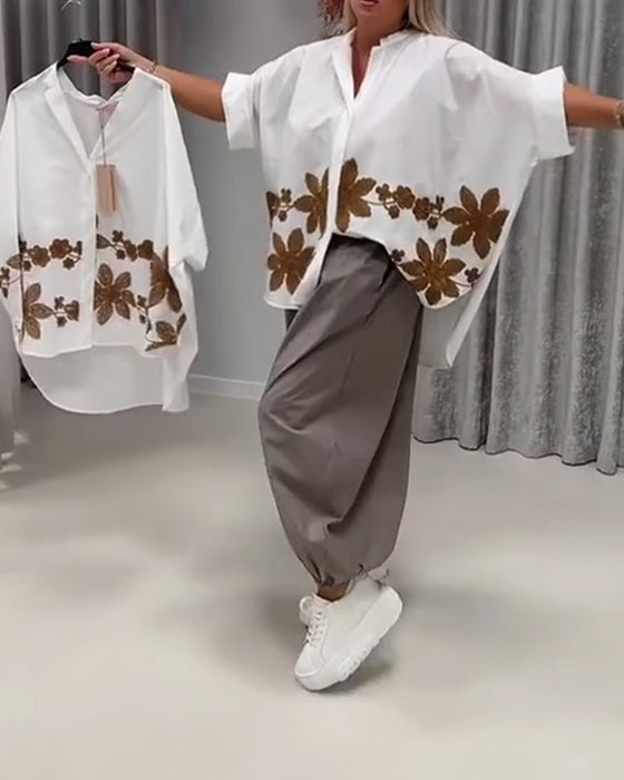 Bluser Blomstret Tryk Mandarin Krave Løs