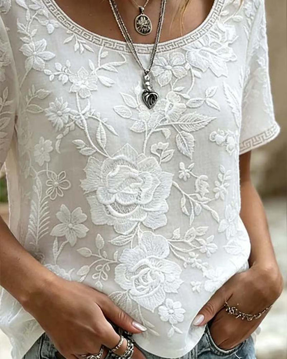 Bluse Rundhalset Broderet Blonder Patchwork